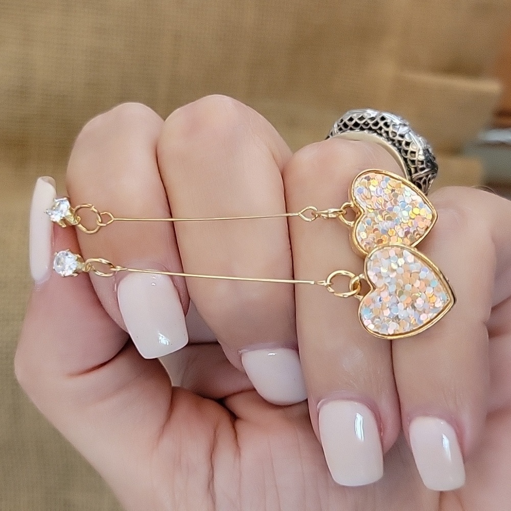 Glitter Heart Long Drop Earrings, .925 posts